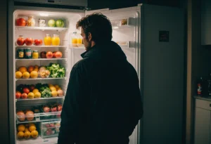 Человек смотрит в холодильник
