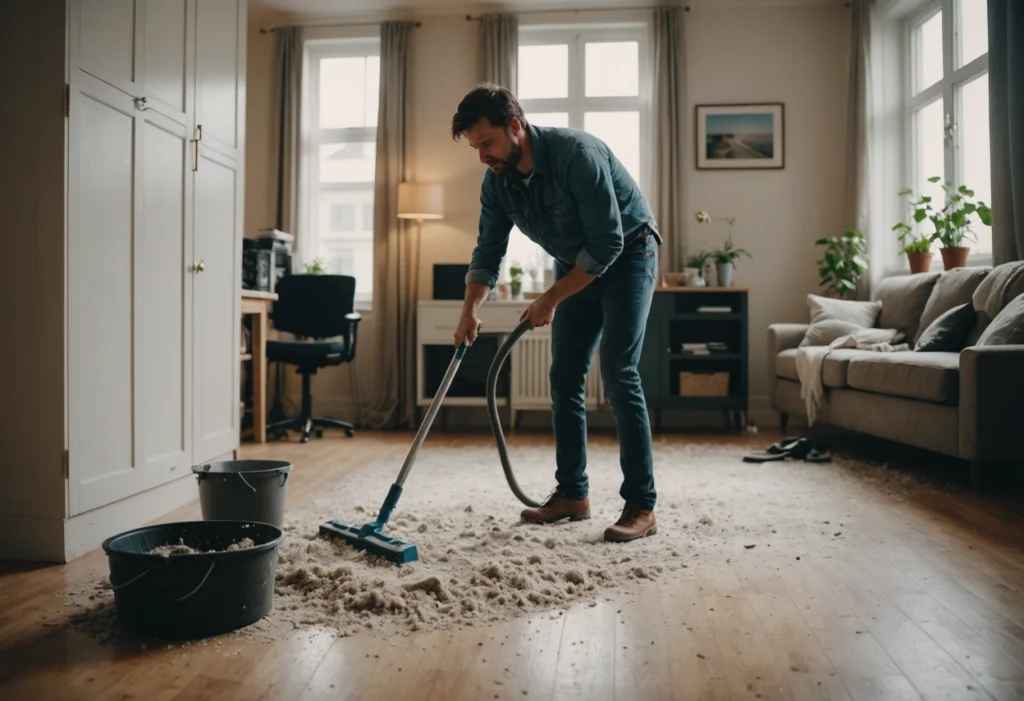 Человек убирает пыль с полки