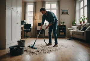 Человек убирает пыль с полки