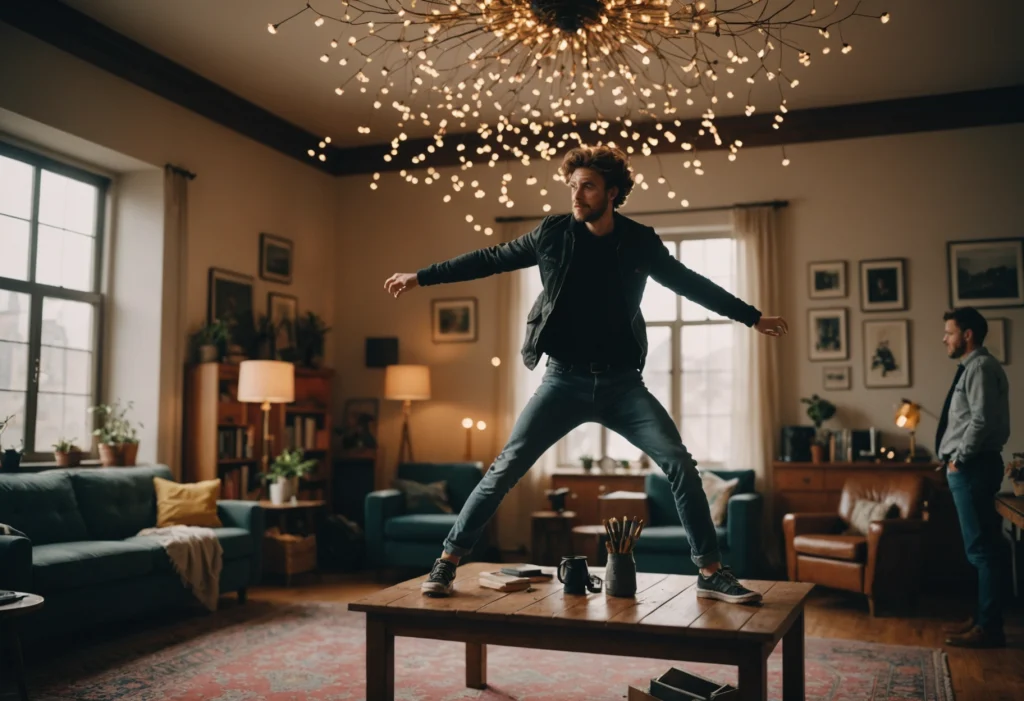 Парящие люди и предметы в комнате