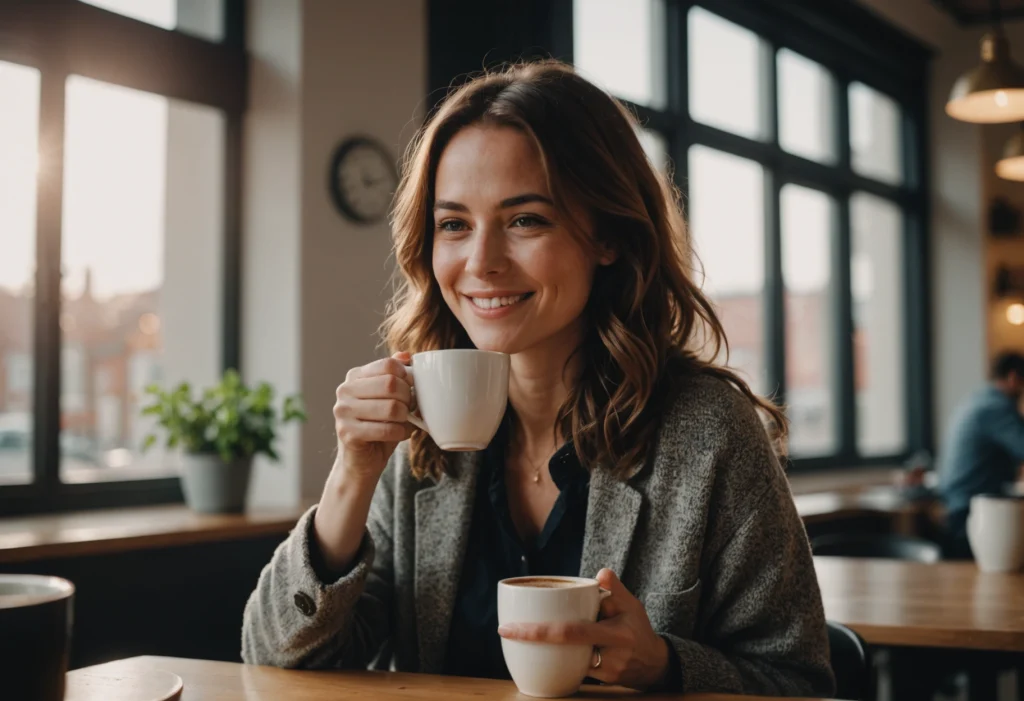 Женщина с чашкой кофе улыбается