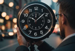 Человек смотрит на летящие часы