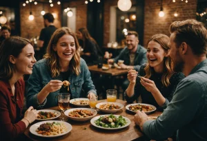 Люди едят вместе смеясь