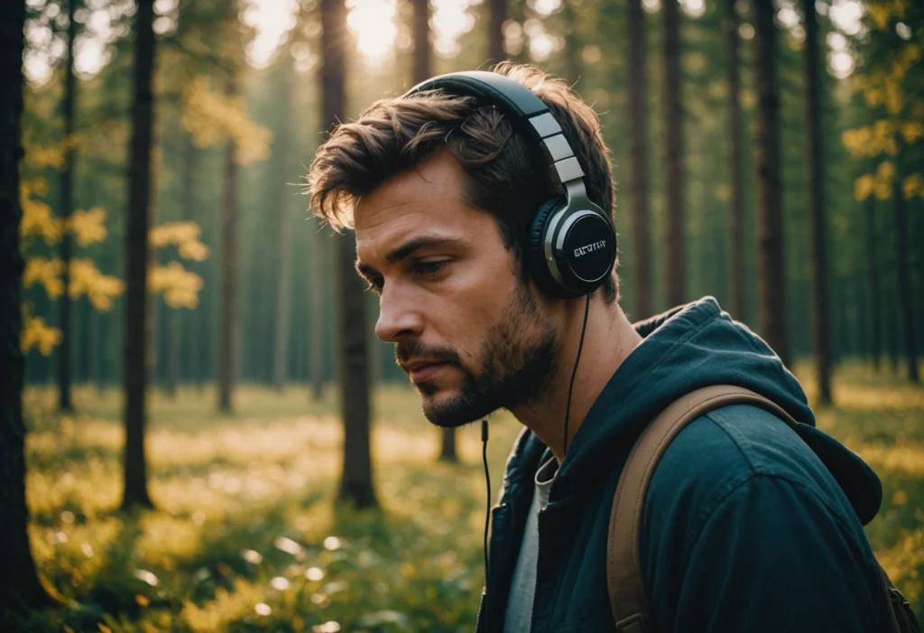 Человек слушает музыку в наушниках